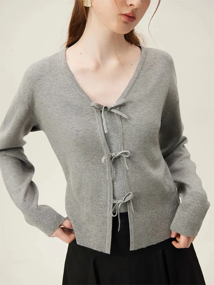 Short Black Warm V-Neck Lace Up Placket Grey Wool Cardigan