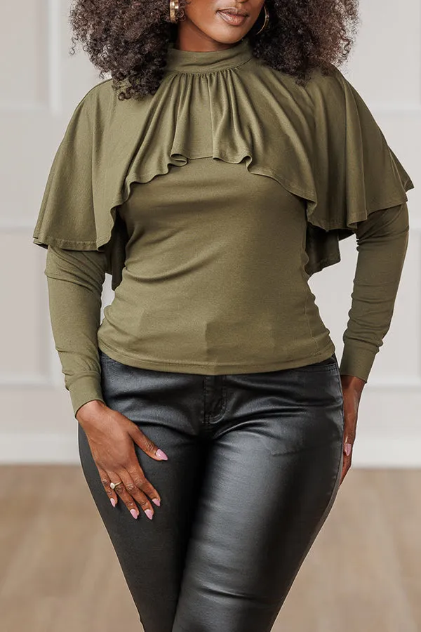 Stylish Ruffled Overlay Solid Blouse