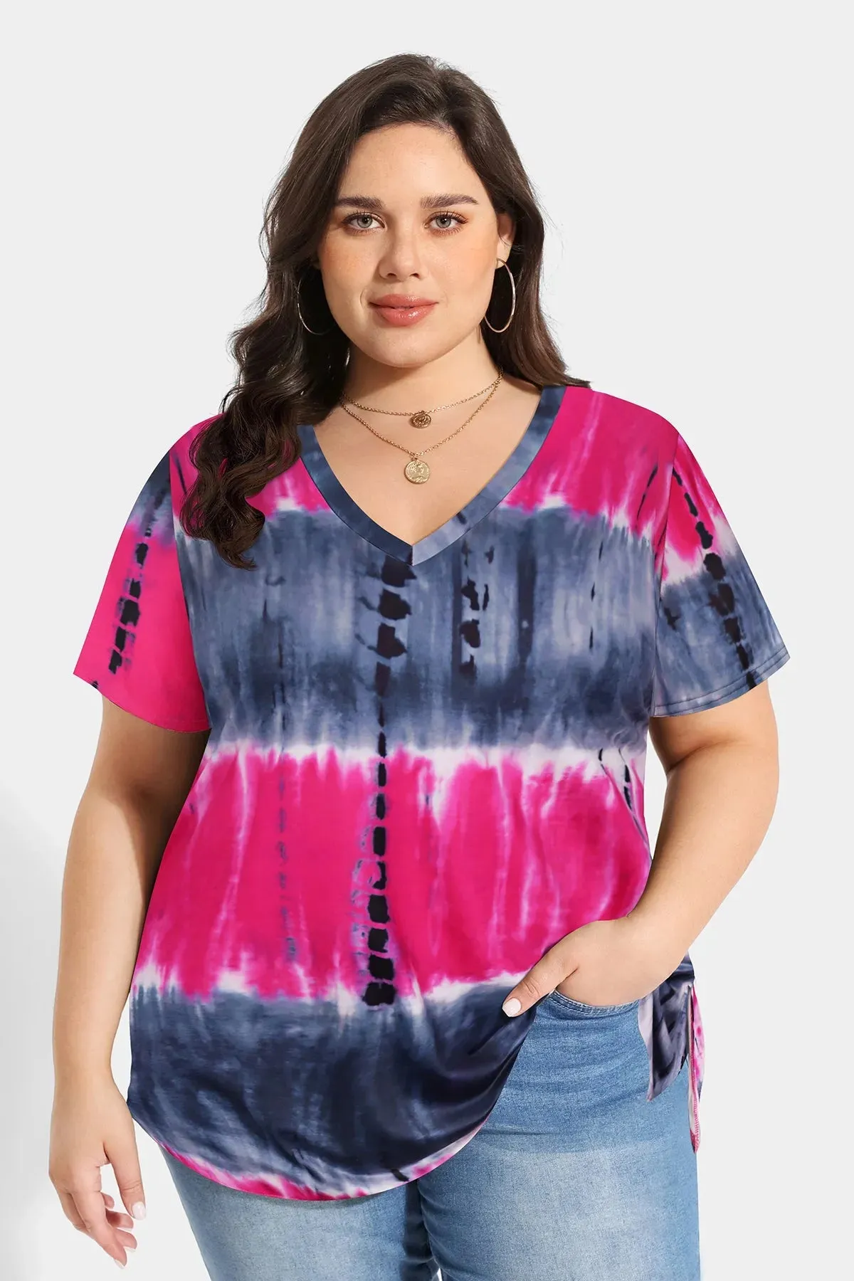 Tie Dye Stripe Stylish V Neck T-Shirt