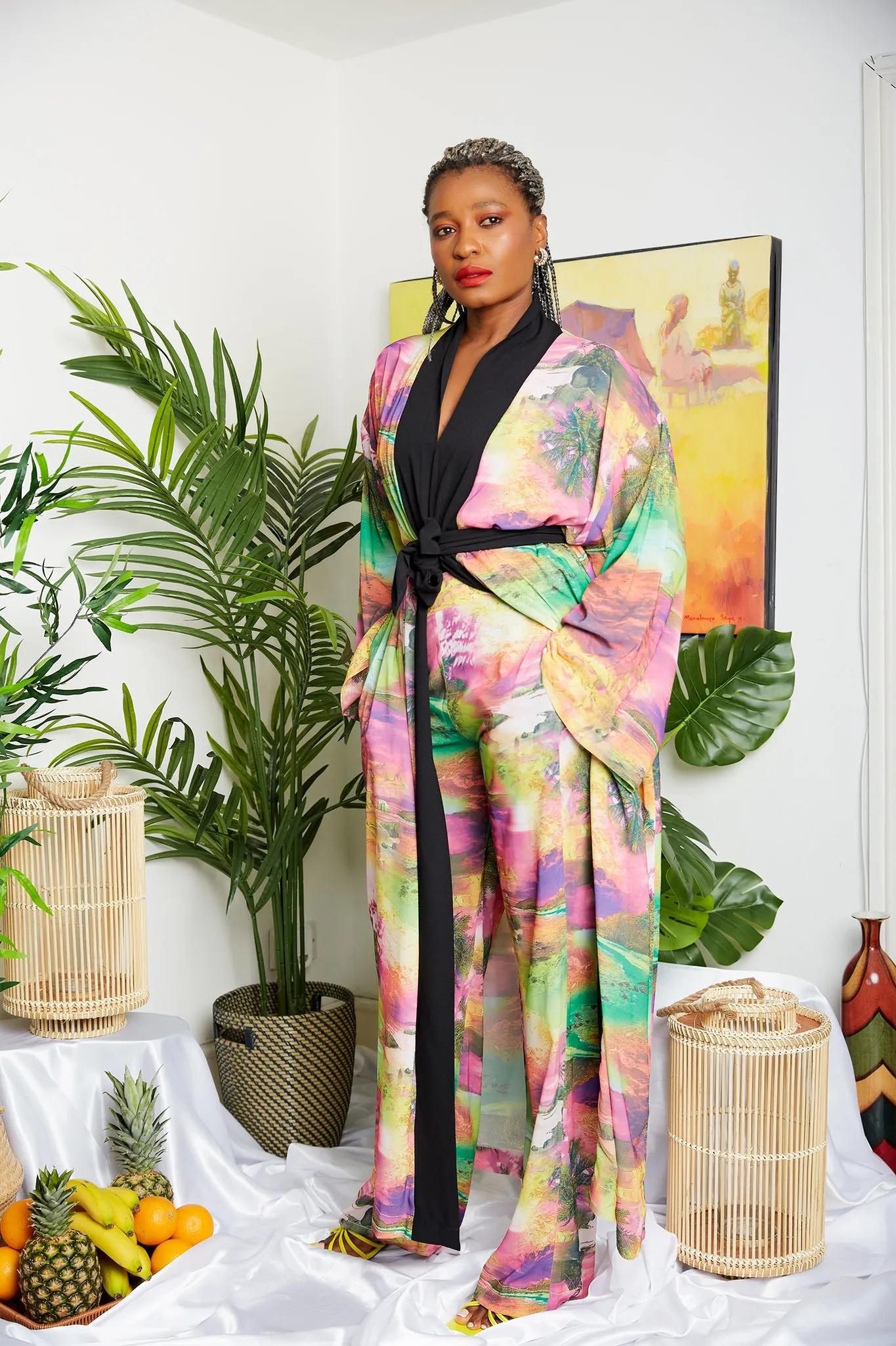 Tropical Mixed Pink Soft Crepe Print Kimono  (Trouser sold Separately)- Zamzam