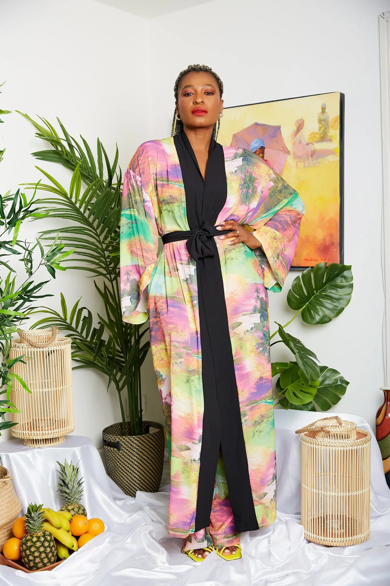 Tropical Mixed Pink Soft Crepe Print Kimono  (Trouser sold Separately)- Zamzam