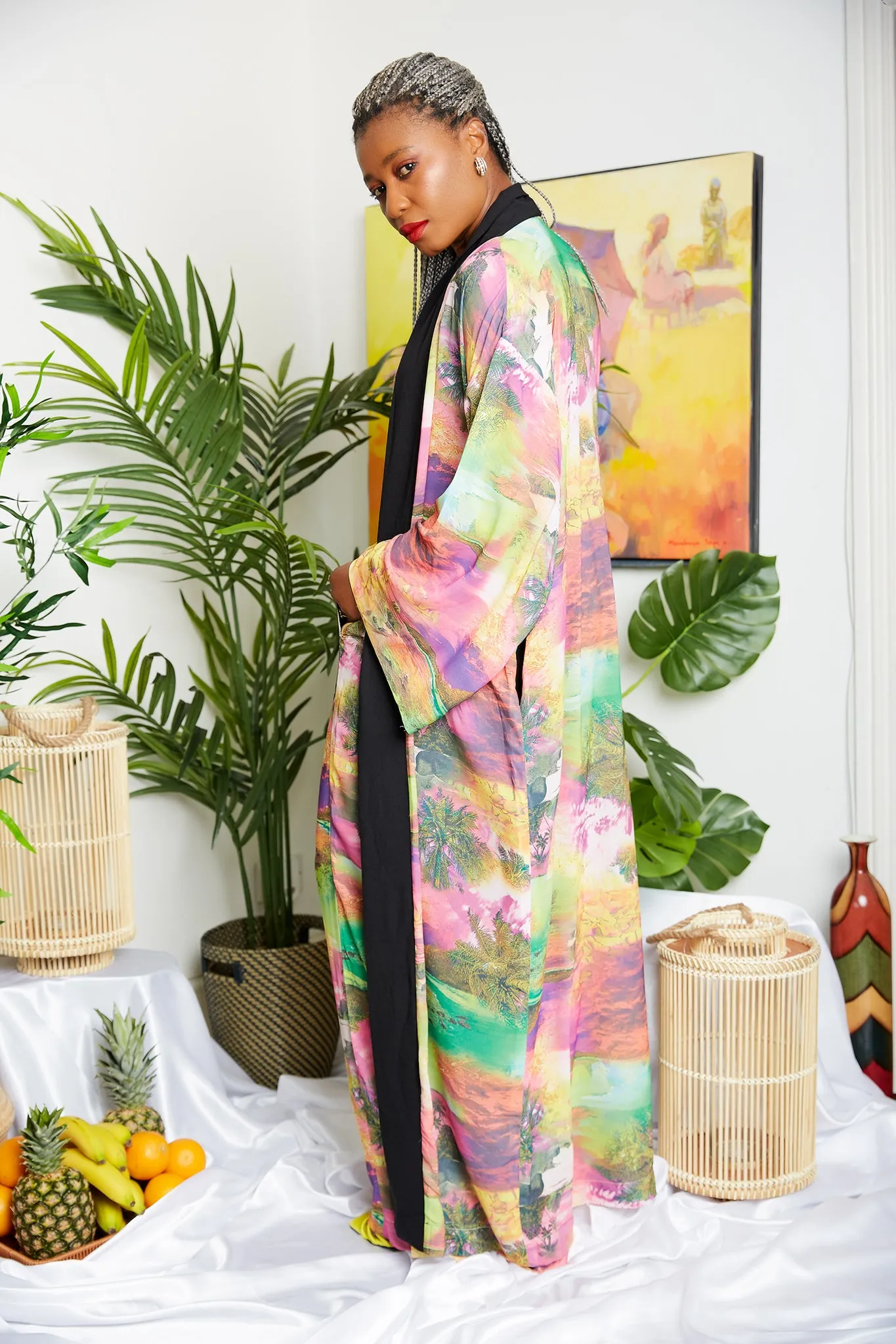 Tropical Mixed Pink Soft Crepe Print Kimono  (Trouser sold Separately)- Zamzam