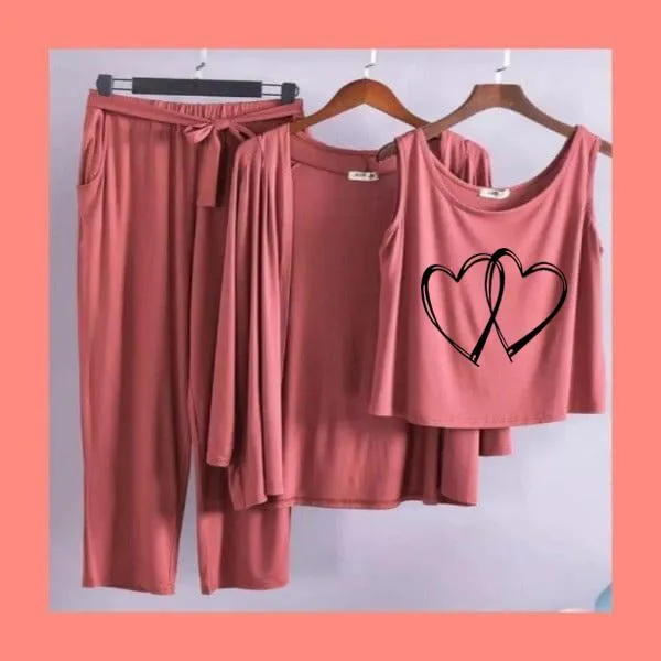 Two Heart Women Night Suit PJ 3 Pieces Set