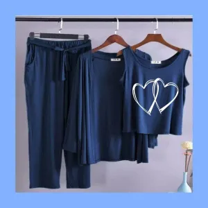 Two Heart Women Night Suit PJ 3 Pieces Set