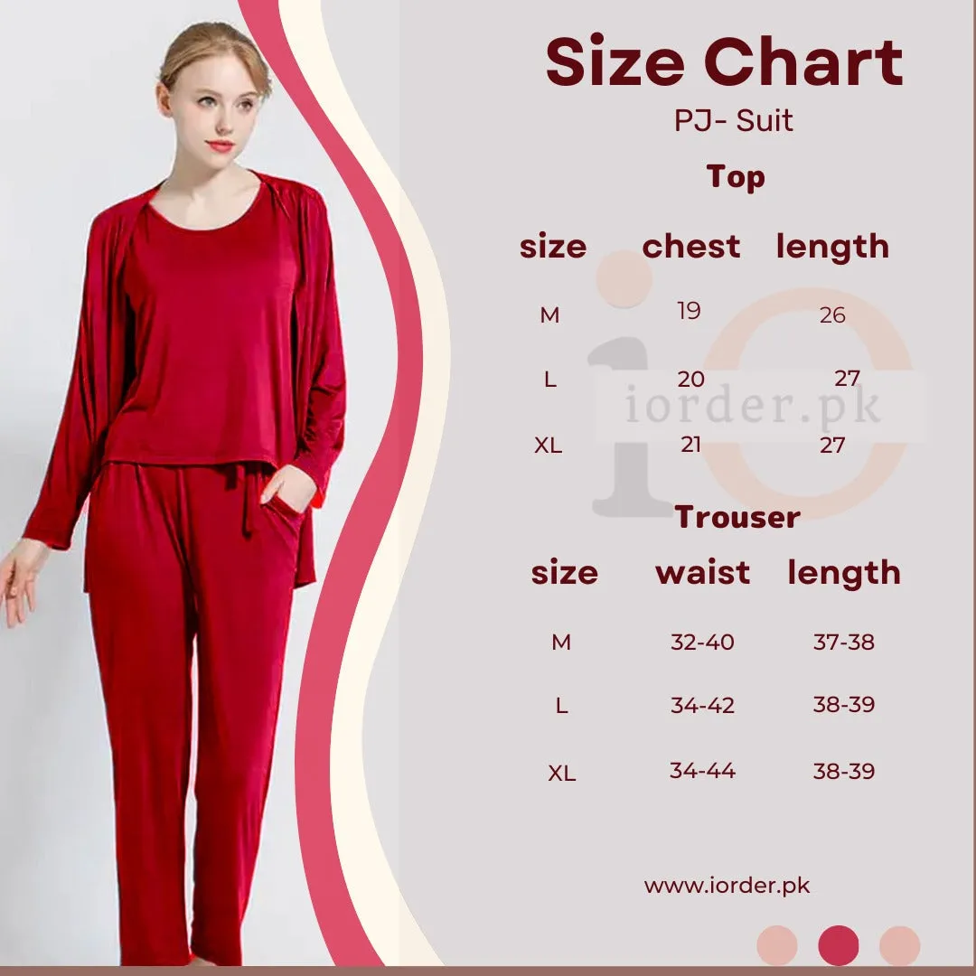 Two Heart Women Night Suit PJ 3 Pieces Set