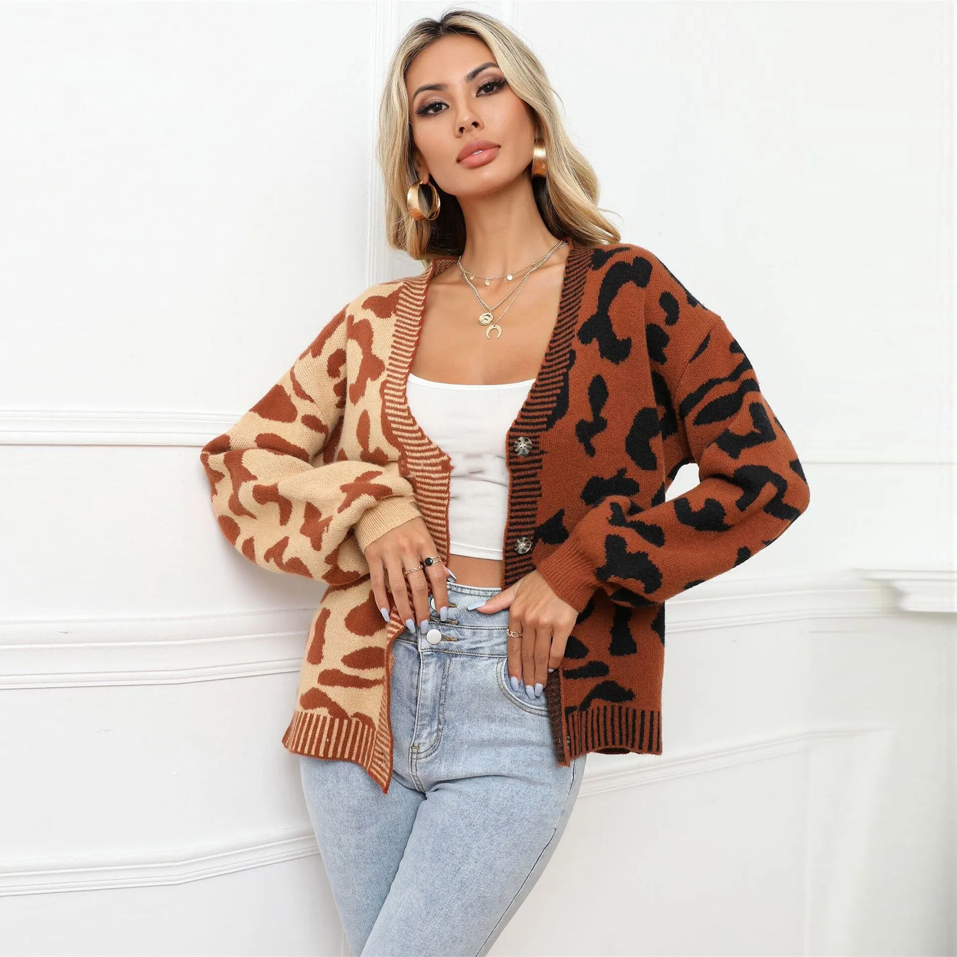 Wenkouban Fall Winter Leopard Cardigans Casual Printed Women Knitted Sweater Loose Button Knitwear V-Neck Warm Cardigan For Women Sweater