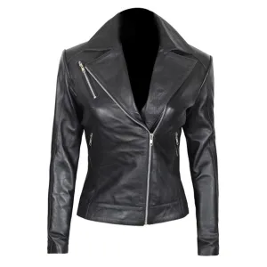 Women Black Leather Jacket Slim Fit