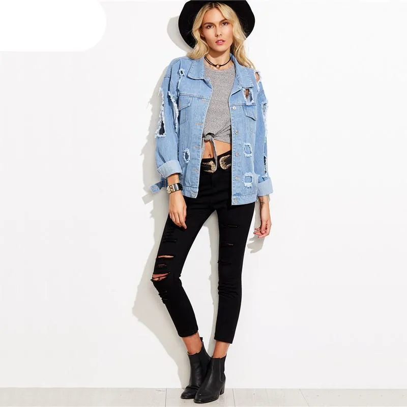 Women Blue Lapel Long Sleeve Single Denim Jacket