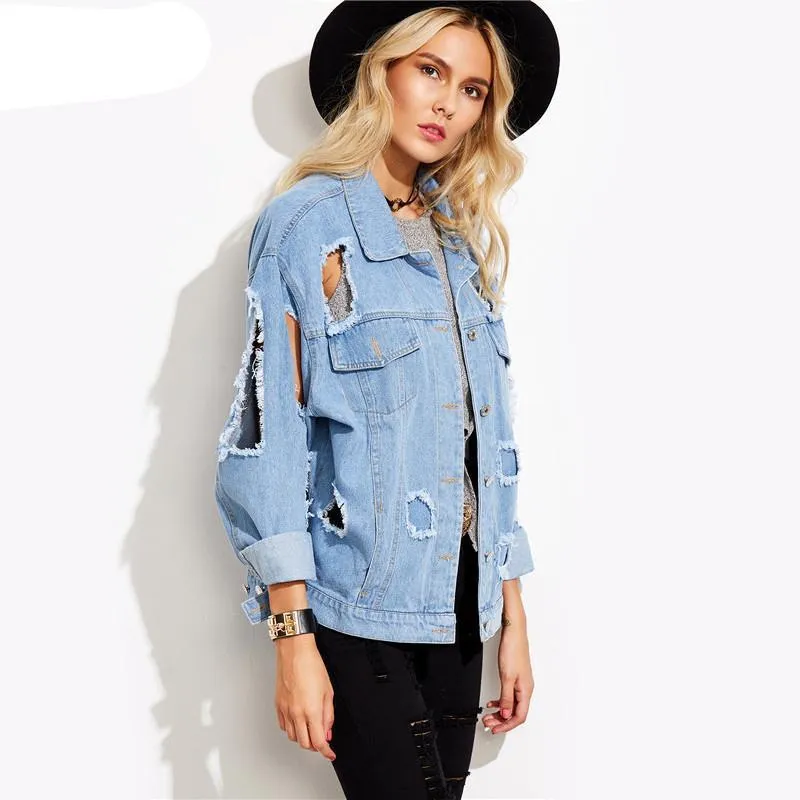 Women Blue Lapel Long Sleeve Single Denim Jacket