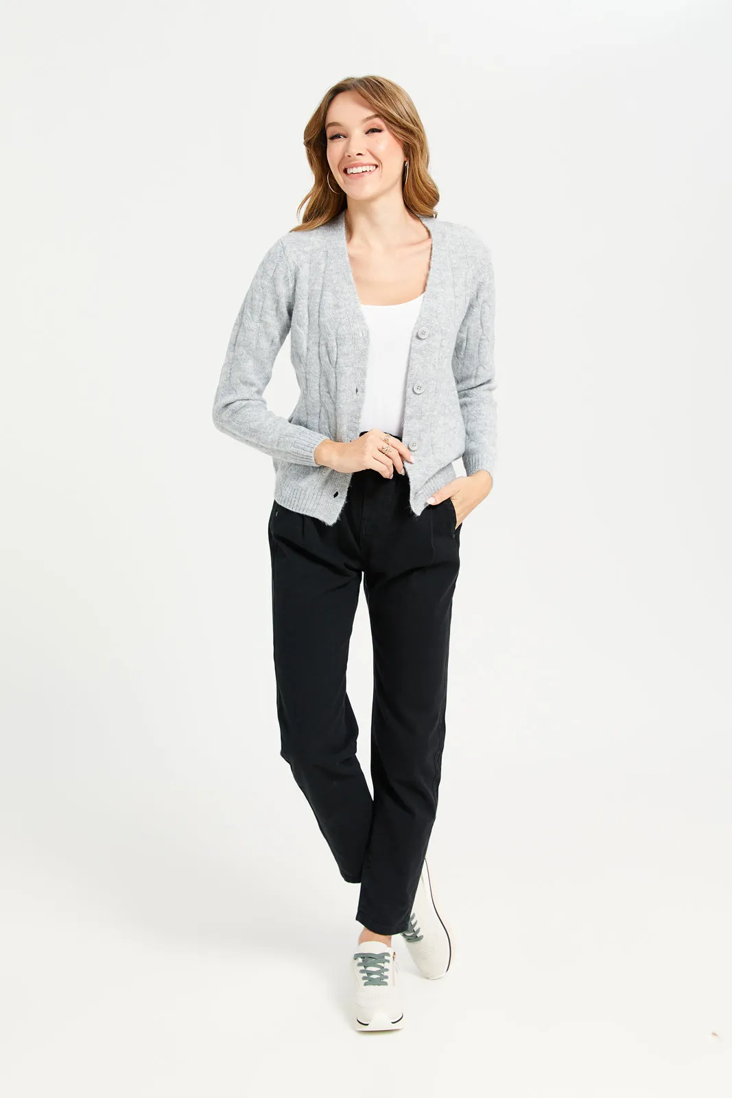 Women Grey V-Neck Textured Cardigan