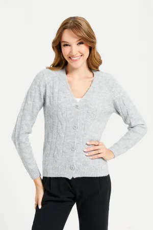 Women Grey V-Neck Textured Cardigan