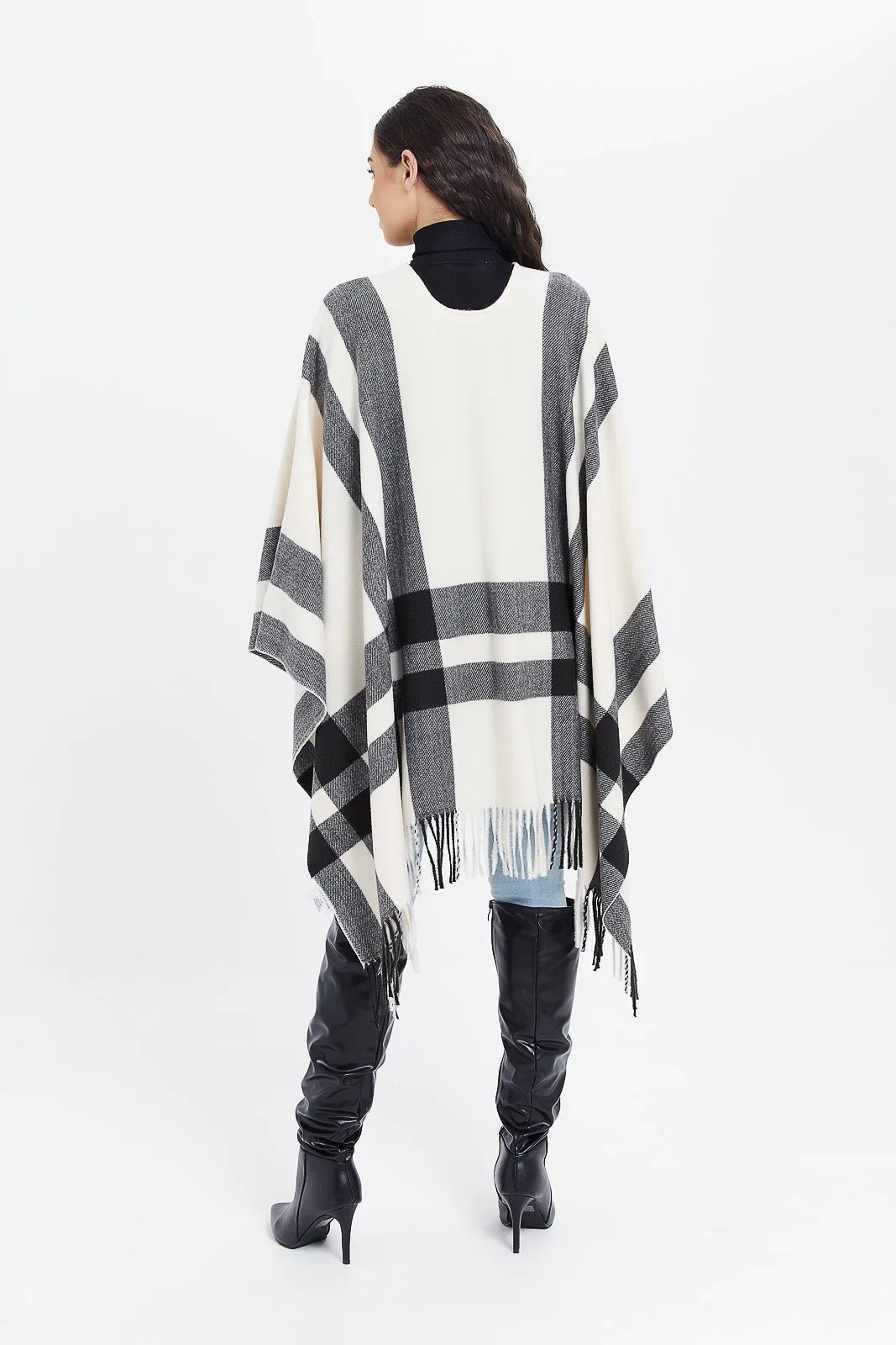 Women White And Black Poncho Cardigan