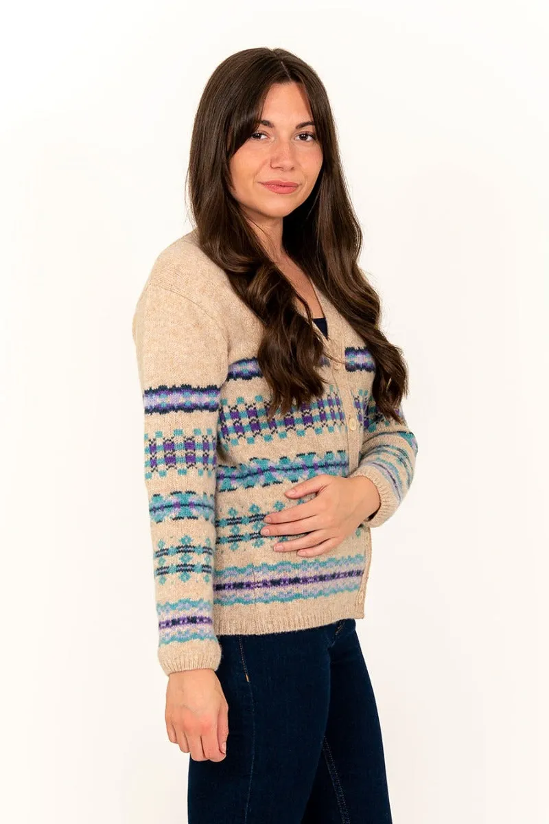 Womens Craigievar V-neck Fair isle Cardigan - Wheat