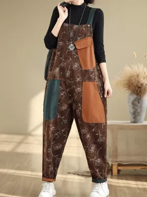 Women's Relaxed Printed with Stylish Pockets Overalls Dungarees