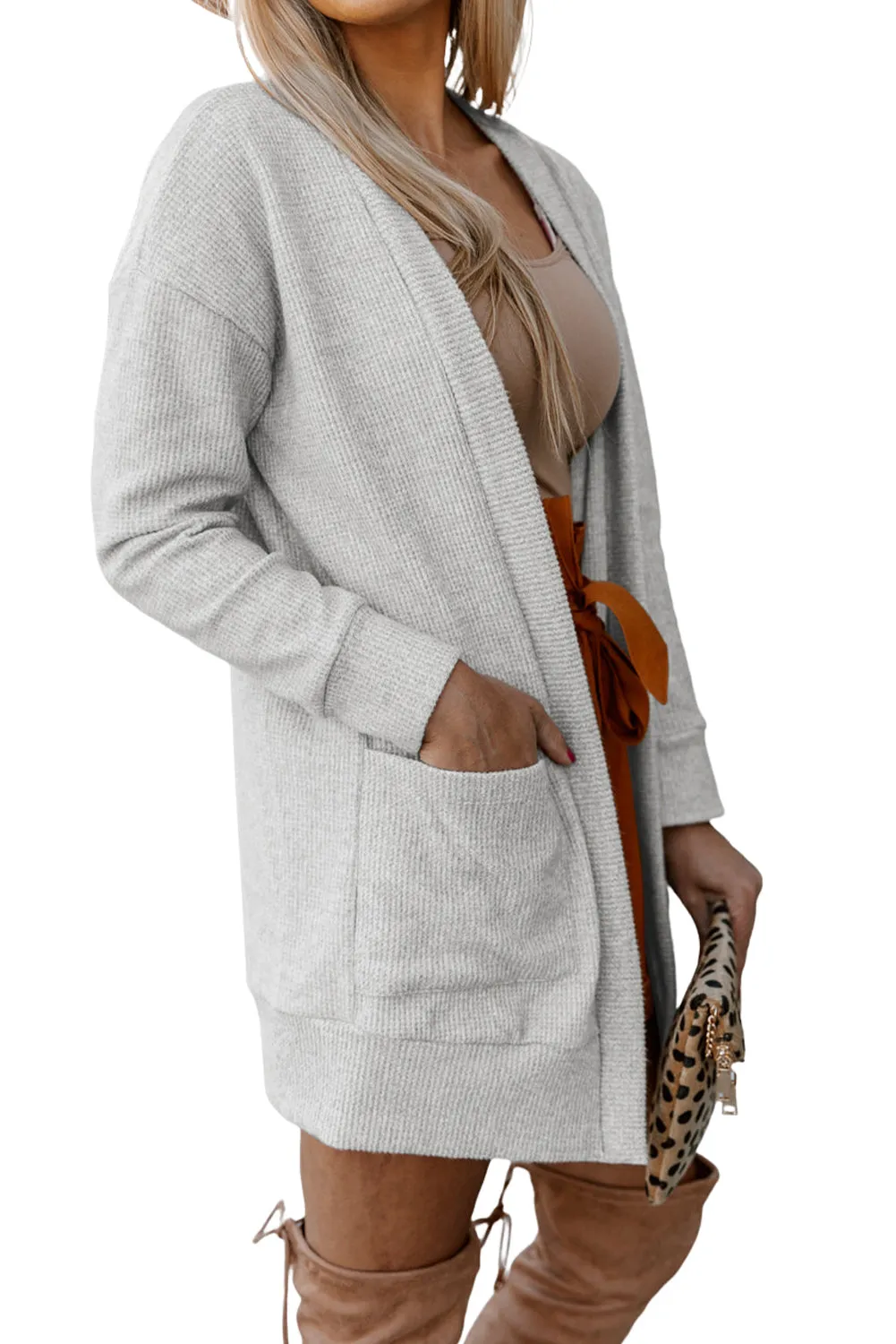 Women's Thermal Waffle Knit Pocketed Cardigan