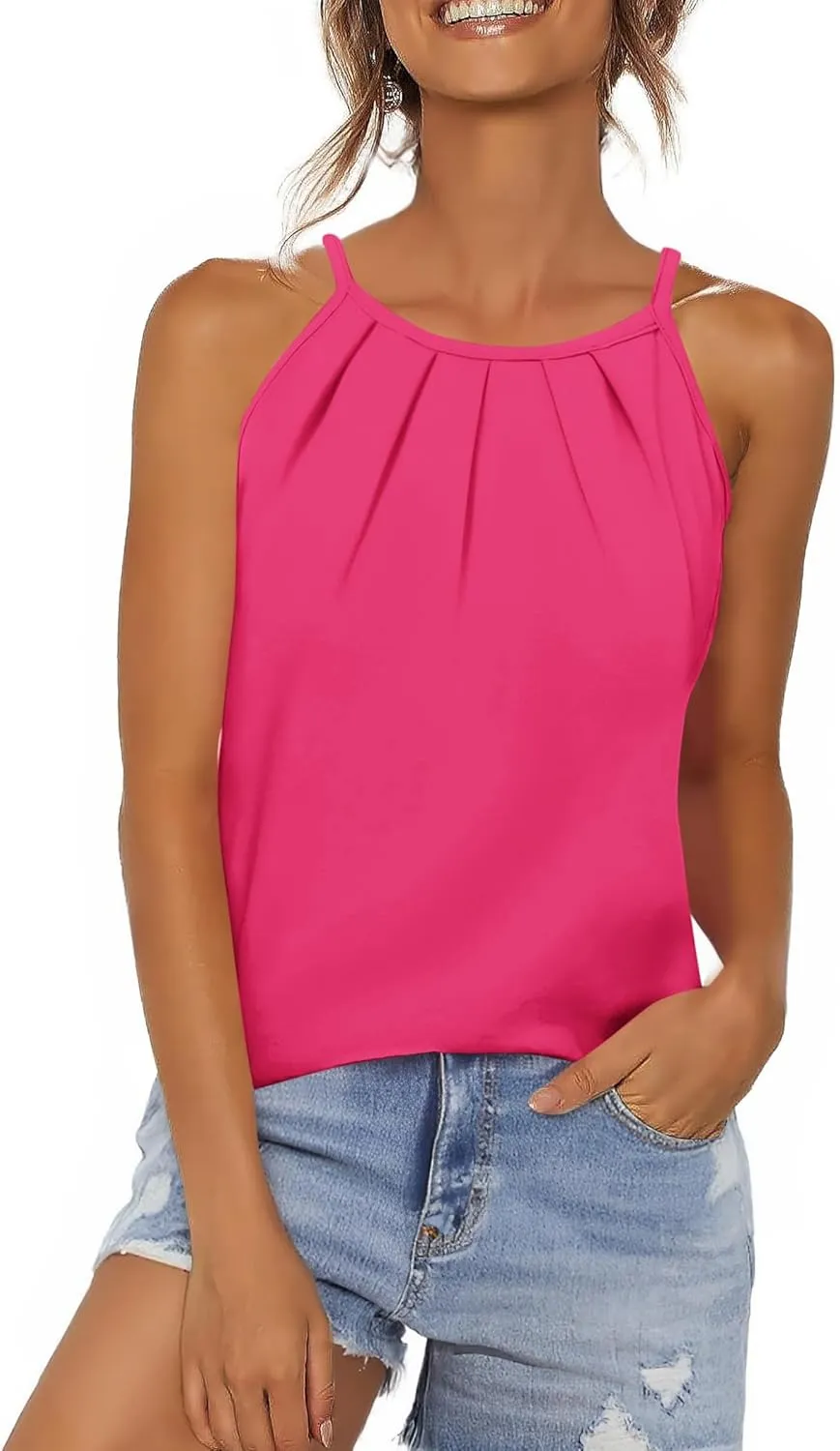 Zeagoo Womens Halter Neck Tank Tops Sleeveless Pleated Tops